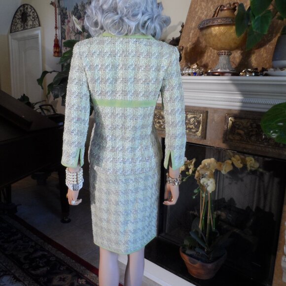 Douglas Hannant Light Green Houndstooth PatternTweed Skirt Suit Size 6 - Picture 14 of 16